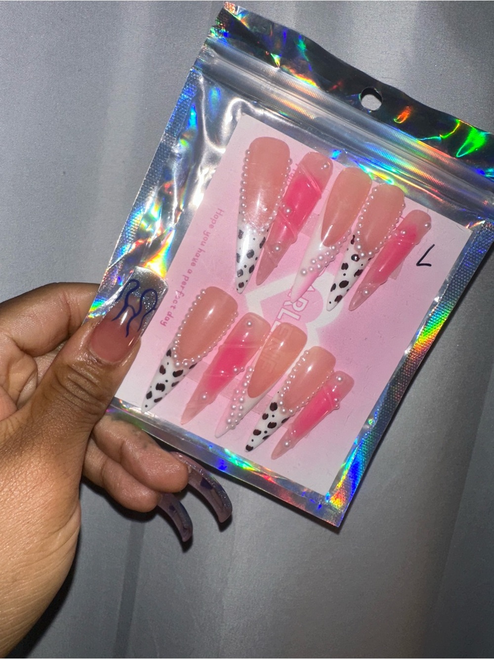 Pink Cow-Print Stiletto Press-On Nails with Pearl Accents